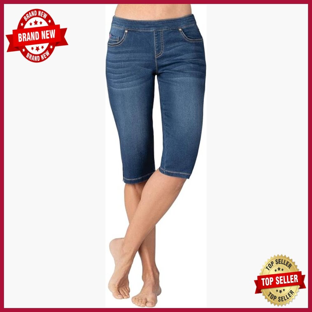 Stretch Denim Bermuda Shorts With Pockets, Pull-On Waist, Knee Length